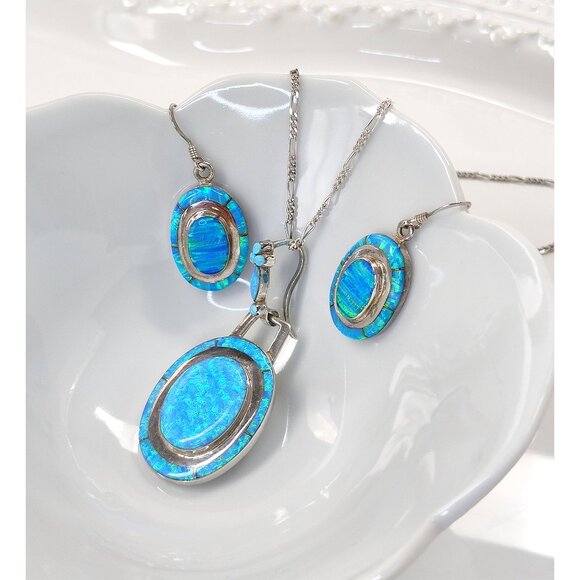Native American Blue Opal Necklace Earrings Set Oval 925 Sterling Signed MY - Picture 5 of 12